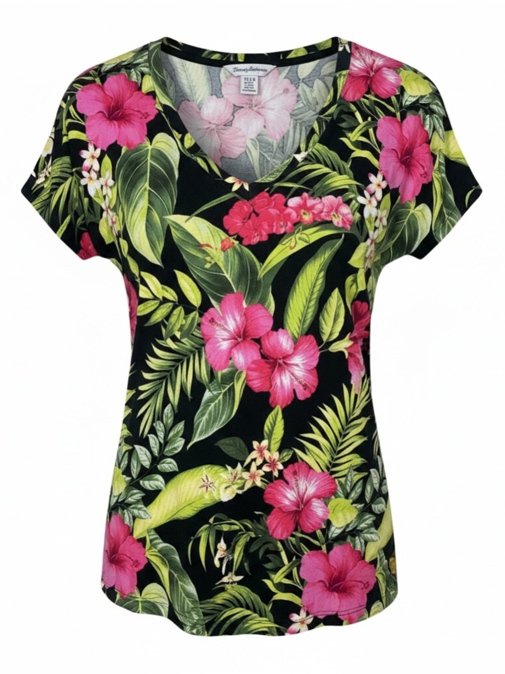 Tommy Bahama Black V-Neck Tropical Floral Tee with Pink Blooms